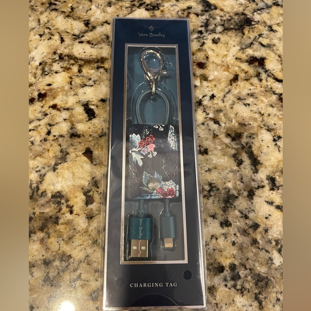 New Vera Bradley keychain with iPhone charging cable.